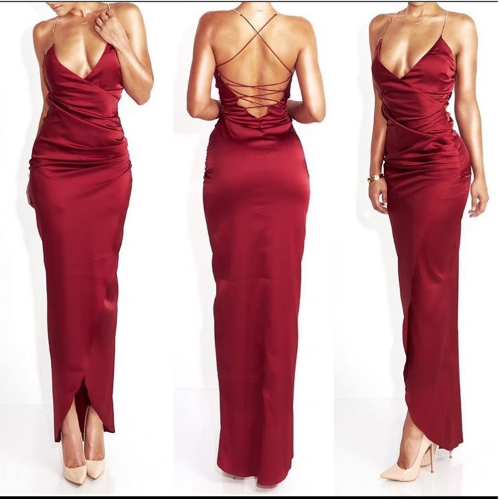 JLUXLABEL Red Gala Rhinestoned Satin Gown size M